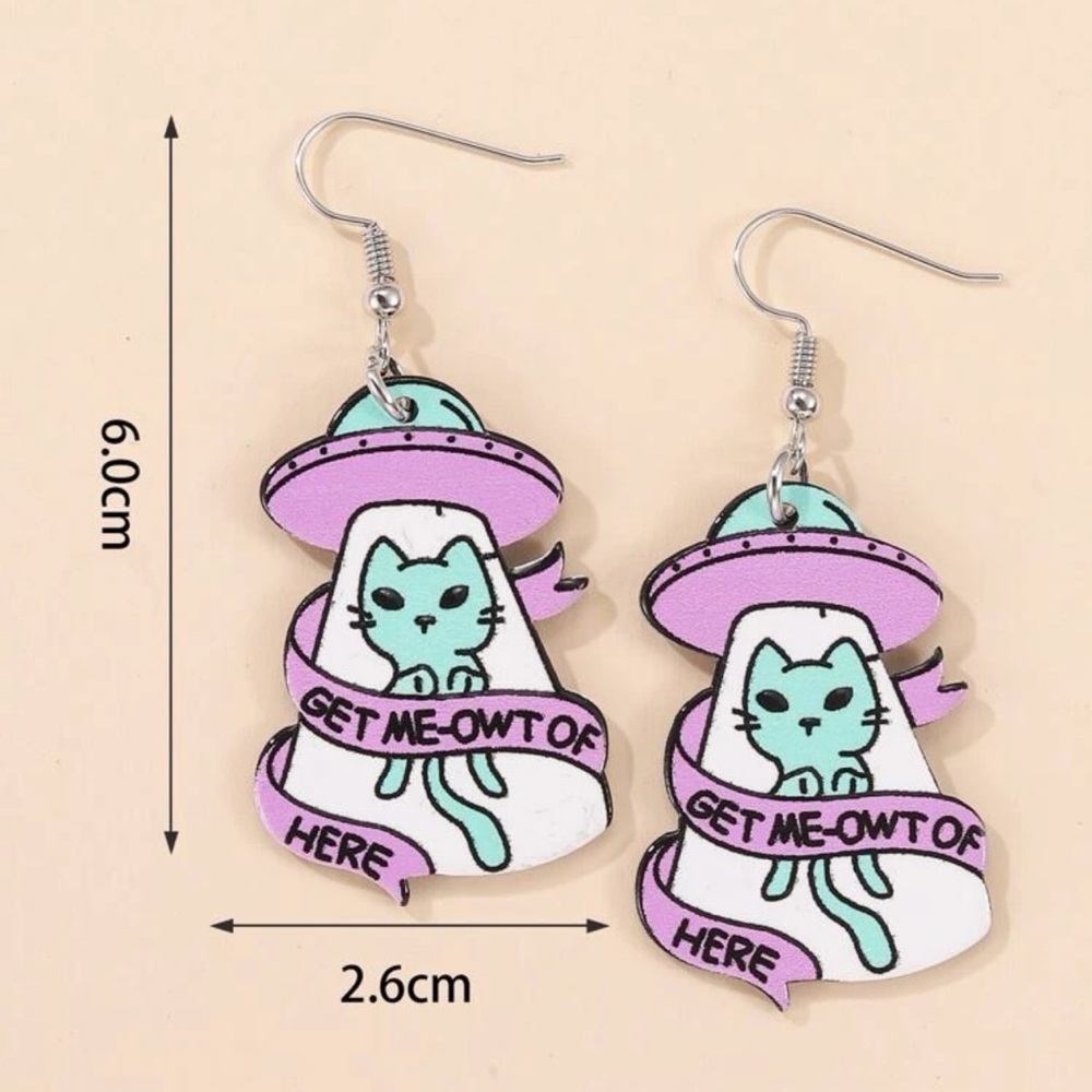 🛸 Super Cute Pastel Alien UFO Kitty Cat Alien Drop Earrings 🐈 - Picture 2 of 4